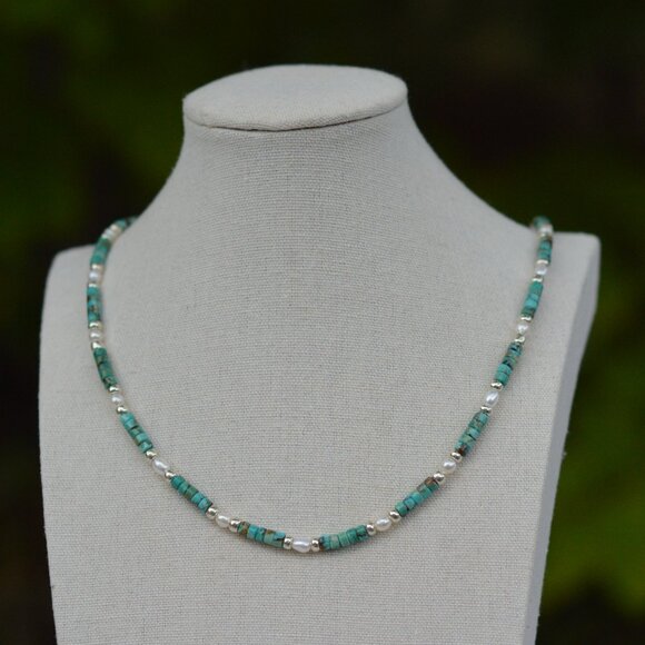 Turquoise & Freshwater Pearl Necklace: Unisex Minimalist Jewelry 19" - Picture 1 of 3